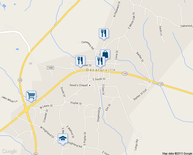 map of restaurants, bars, coffee shops, grocery stores, and more near 52 South Pleasant Street in Decaturville