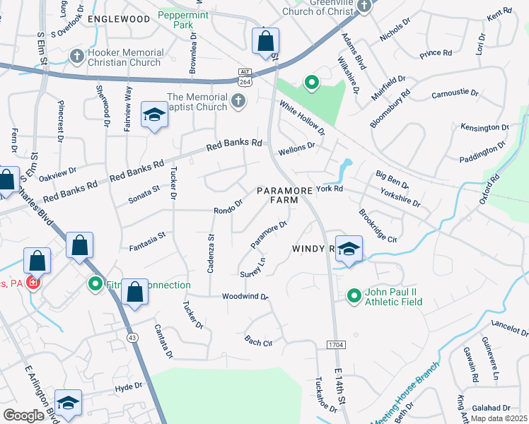 map of restaurants, bars, coffee shops, grocery stores, and more near 1727 Rondo Drive in Greenville