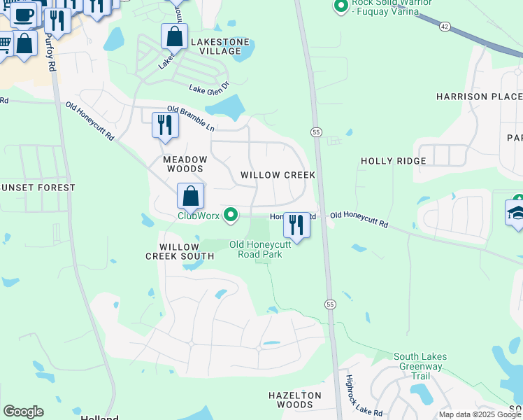 map of restaurants, bars, coffee shops, grocery stores, and more near 108 North Honey Springs Avenue in Fuquay-Varina