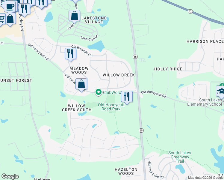 map of restaurants, bars, coffee shops, grocery stores, and more near 108 North Honey Springs Avenue in Fuquay-Varina