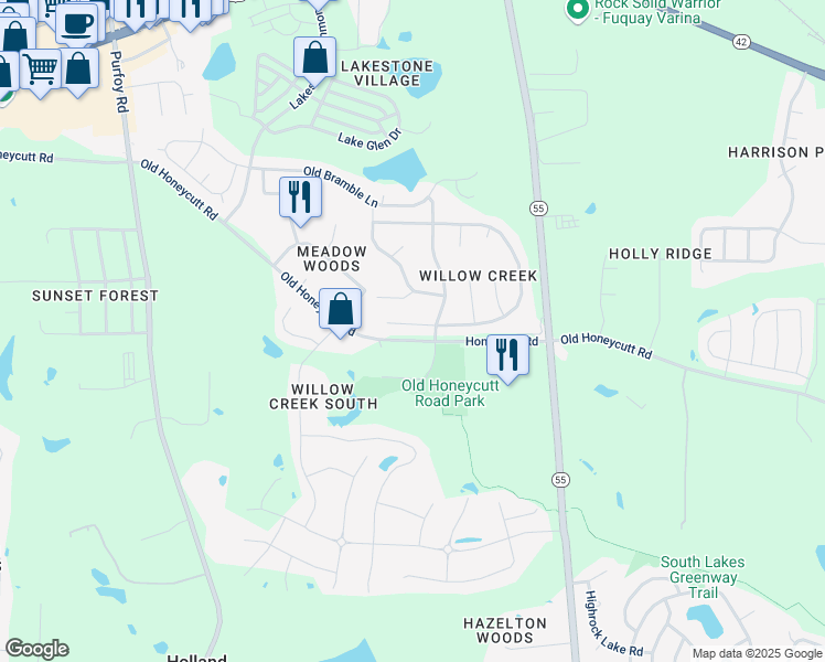map of restaurants, bars, coffee shops, grocery stores, and more near 1748 East Ridge Heights Drive in Fuquay Varina
