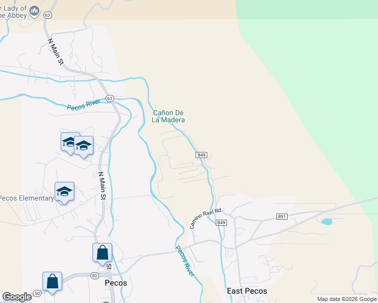 map of restaurants, bars, coffee shops, grocery stores, and more near Griego Lane in Pecos