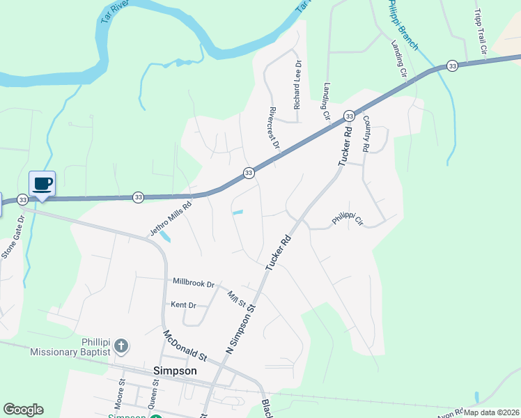 map of restaurants, bars, coffee shops, grocery stores, and more near 354 River Branch Road in Grimesland