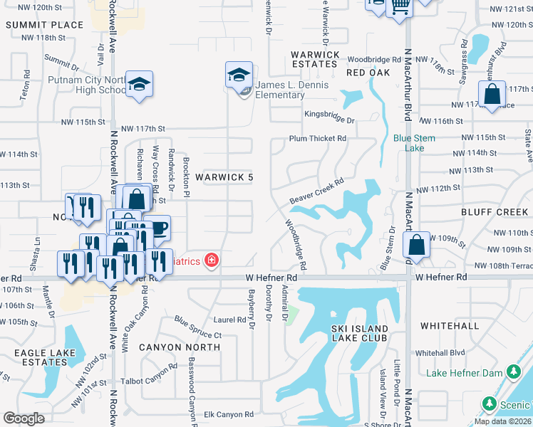 map of restaurants, bars, coffee shops, grocery stores, and more near 6408 Beaver Creek Road in Oklahoma City