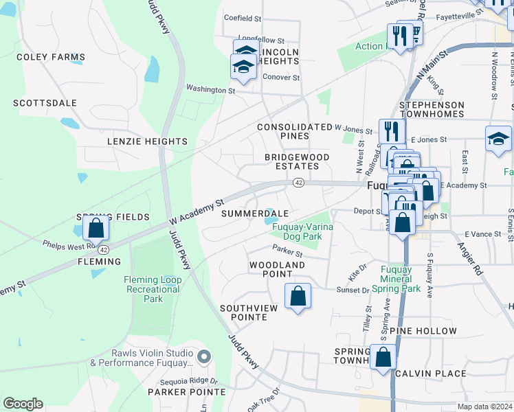 map of restaurants, bars, coffee shops, grocery stores, and more near Lyonshall Street in Fuquay Varina