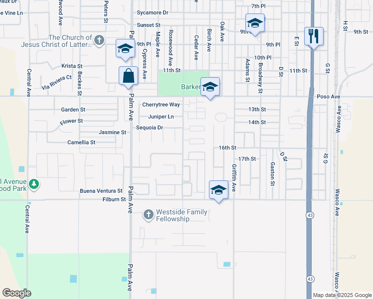 map of restaurants, bars, coffee shops, grocery stores, and more near 1750 Poplar Avenue in Wasco