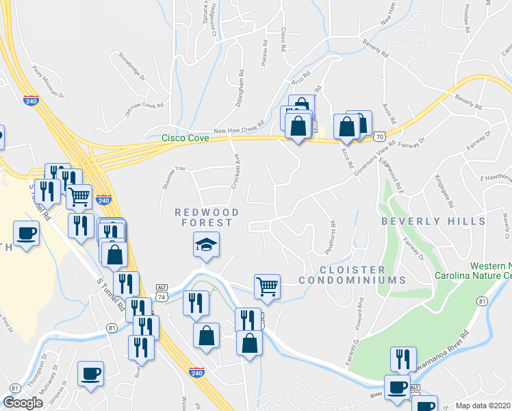 map of restaurants, bars, coffee shops, grocery stores, and more near 7 Violet Hill Circle in Asheville