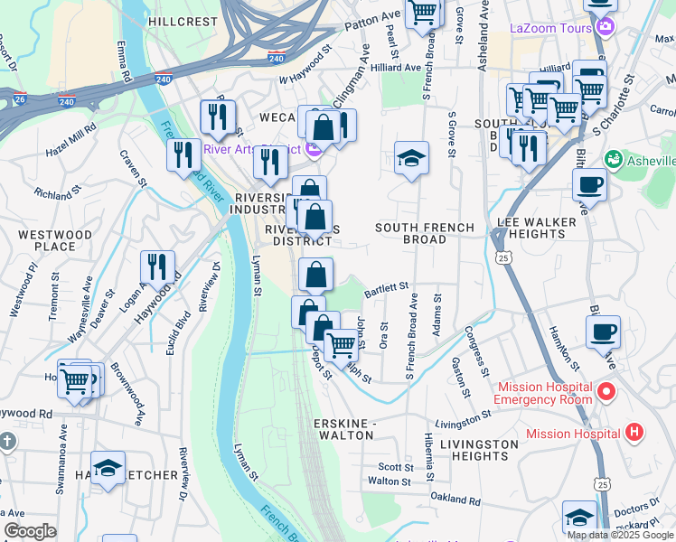map of restaurants, bars, coffee shops, grocery stores, and more near 127 Bartlett Street in Asheville
