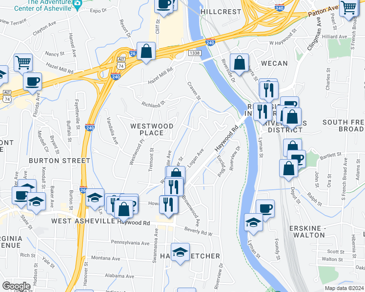 map of restaurants, bars, coffee shops, grocery stores, and more near 86 Deaver Street in Asheville