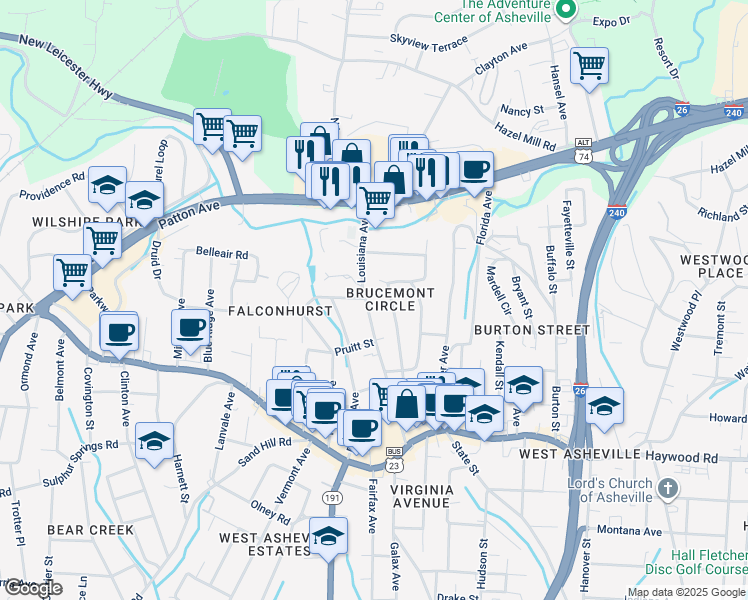 map of restaurants, bars, coffee shops, grocery stores, and more near 135 Louisiana Avenue in Asheville