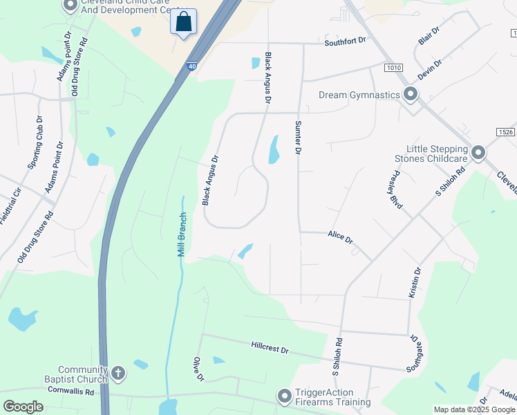 map of restaurants, bars, coffee shops, grocery stores, and more near 590 Black Angus Drive in Garner