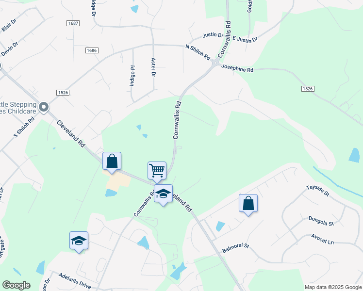 map of restaurants, bars, coffee shops, grocery stores, and more near 3032 Cornwallis Road in Garner