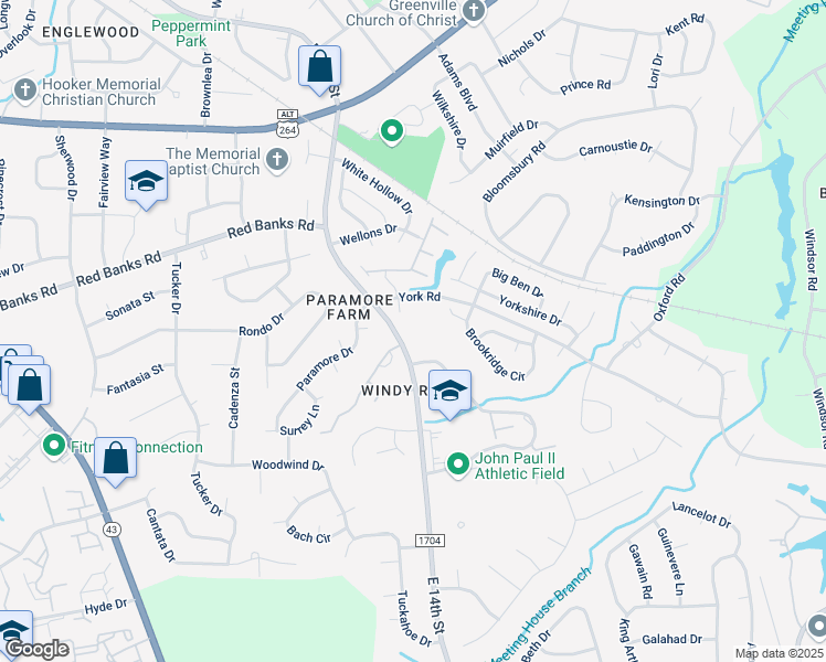 map of restaurants, bars, coffee shops, grocery stores, and more near 2408 King Richard Court in Greenville