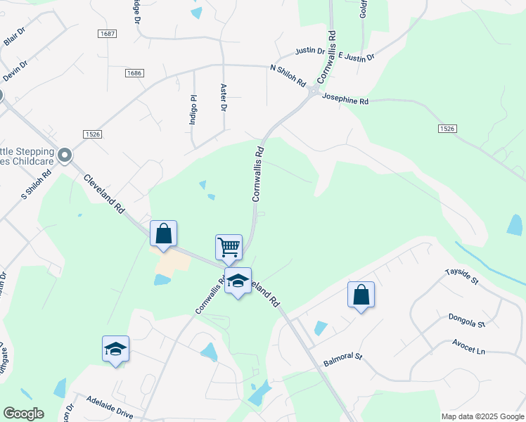 map of restaurants, bars, coffee shops, grocery stores, and more near 3032 Cornwallis Road in Garner