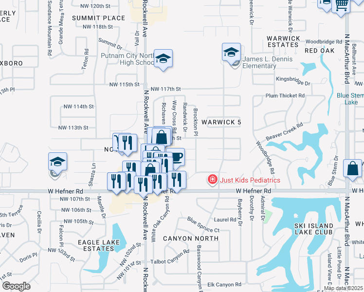map of restaurants, bars, coffee shops, grocery stores, and more near 6708 Northwest 111th Court in Oklahoma City