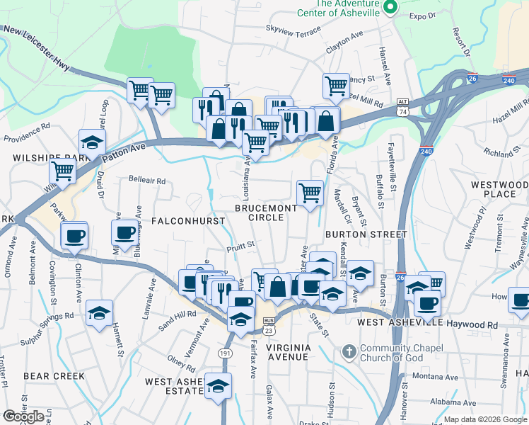 map of restaurants, bars, coffee shops, grocery stores, and more near 143 Brucemont Circle in Asheville