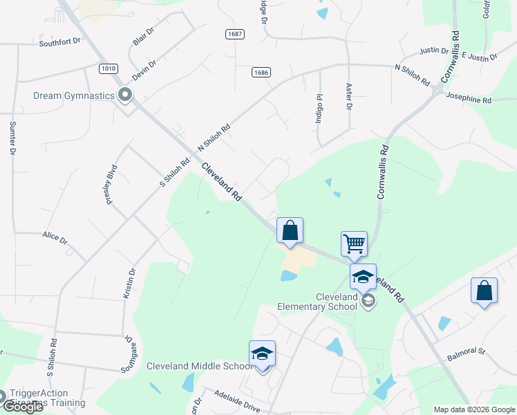 map of restaurants, bars, coffee shops, grocery stores, and more near 10666 Cleveland Road in Garner