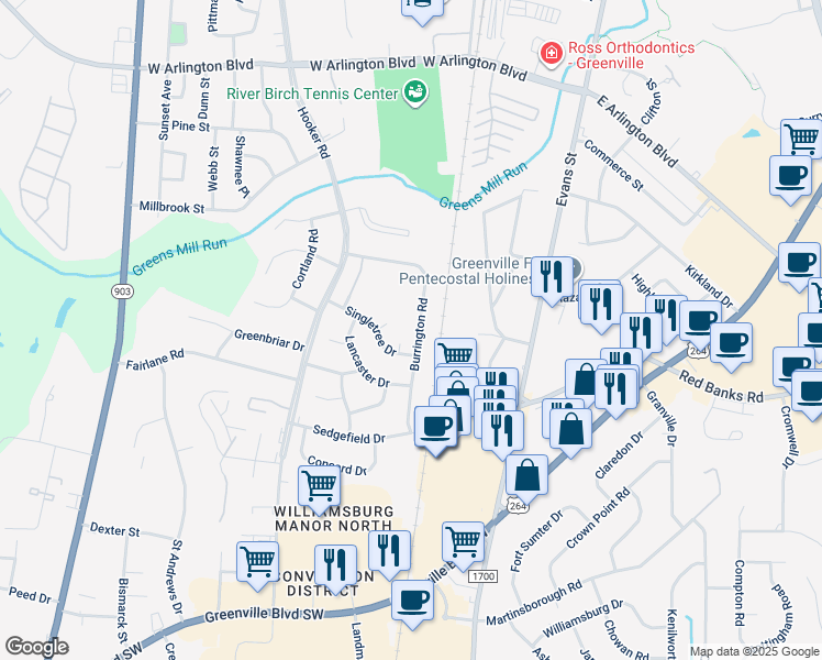 map of restaurants, bars, coffee shops, grocery stores, and more near 301 Burrington Road in Greenville