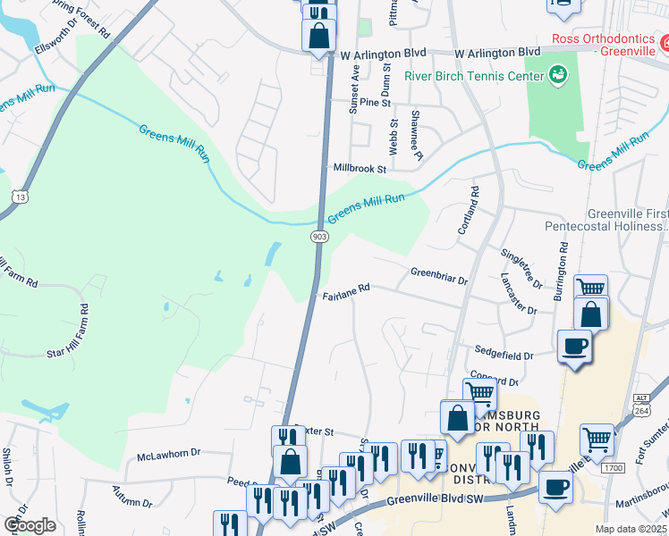 map of restaurants, bars, coffee shops, grocery stores, and more near 2909 South Memorial Drive in Greenville