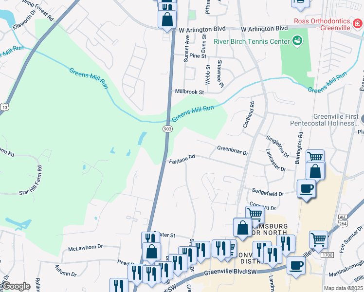 map of restaurants, bars, coffee shops, grocery stores, and more near 2909 South Memorial Drive in Greenville