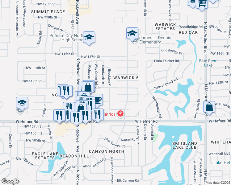 map of restaurants, bars, coffee shops, grocery stores, and more near 6641 Northwest 111th Street in Oklahoma City
