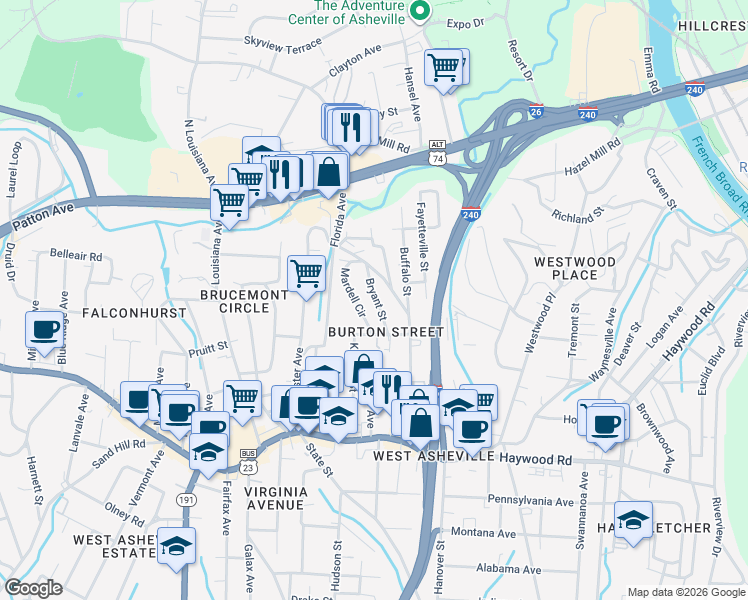 map of restaurants, bars, coffee shops, grocery stores, and more near 33 Bryant Street in Asheville