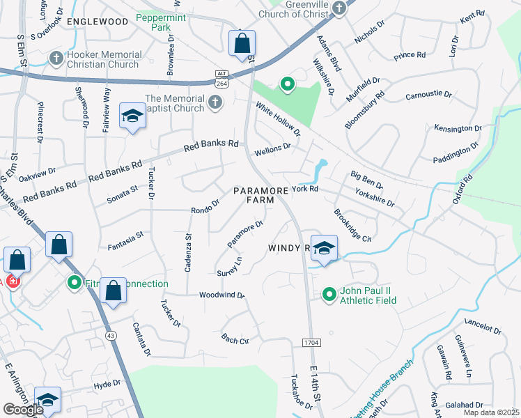 map of restaurants, bars, coffee shops, grocery stores, and more near 1701 Paramore Drive in Greenville