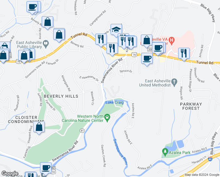 map of restaurants, bars, coffee shops, grocery stores, and more near 46 Pinnacle Point Drive in Asheville