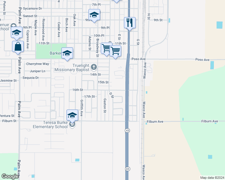 map of restaurants, bars, coffee shops, grocery stores, and more near 828 Stephen Court in Wasco