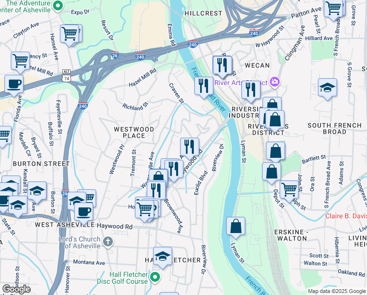 map of restaurants, bars, coffee shops, grocery stores, and more near 124 Logan Avenue in Asheville