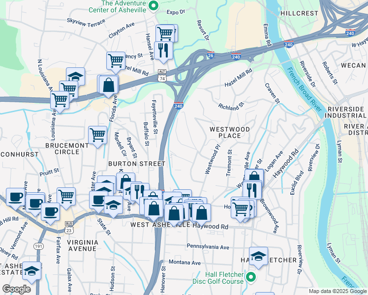 map of restaurants, bars, coffee shops, grocery stores, and more near 39 Wilmington Street in Asheville