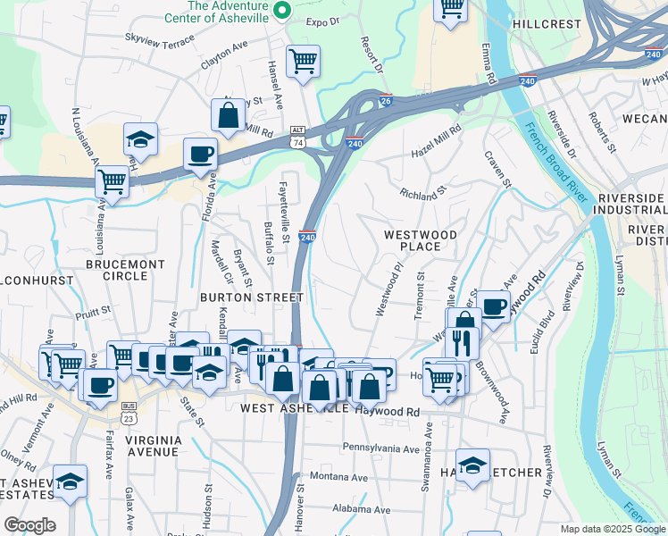 map of restaurants, bars, coffee shops, grocery stores, and more near 39 Wilmington Street in Asheville