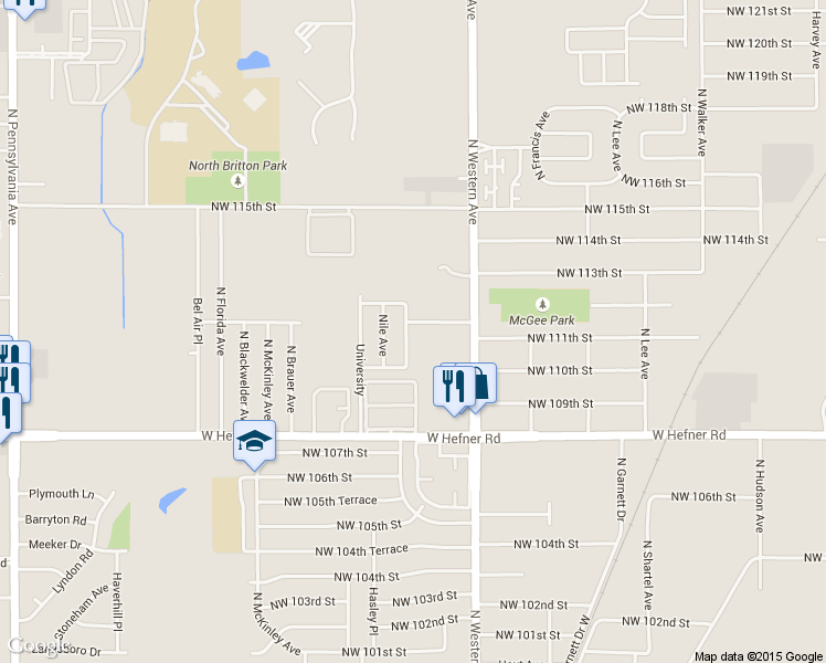 map of restaurants, bars, coffee shops, grocery stores, and more near 11210 Nile Avenue in Oklahoma City