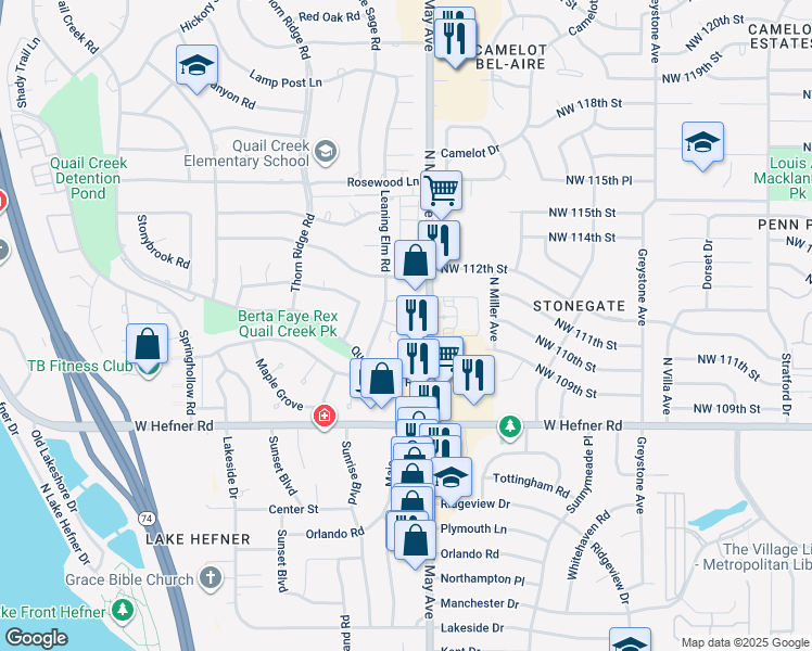 map of restaurants, bars, coffee shops, grocery stores, and more near 11121 North May Avenue in Oklahoma City