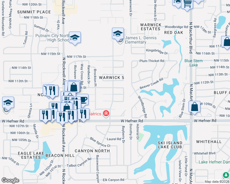 map of restaurants, bars, coffee shops, grocery stores, and more near 6600 Northwest 111th Street in Oklahoma City