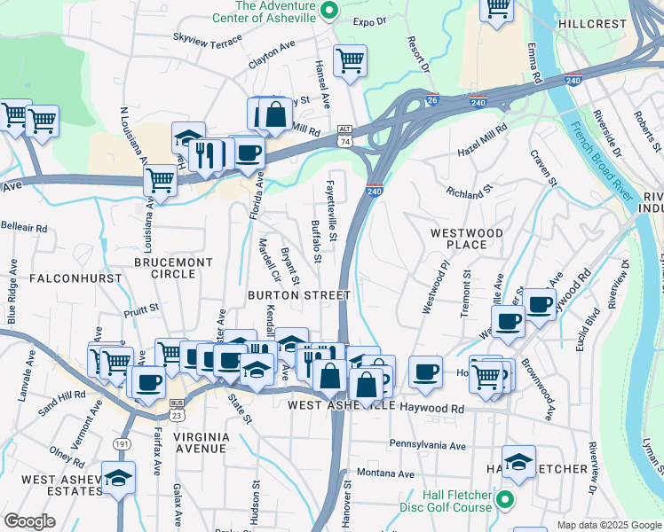 map of restaurants, bars, coffee shops, grocery stores, and more near 144 Fayetteville Street in Asheville