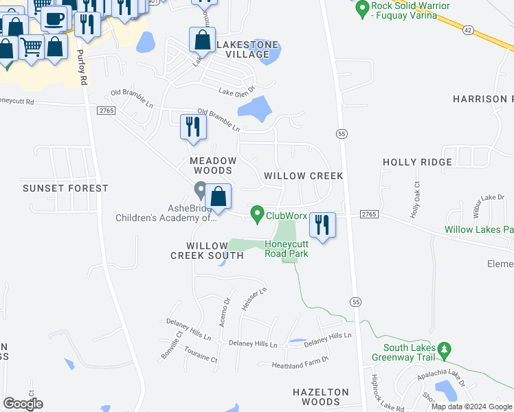 map of restaurants, bars, coffee shops, grocery stores, and more near 1733 East Ridge Heights Drive in Fuquay-Varina
