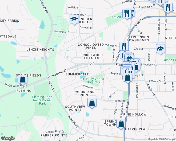 map of restaurants, bars, coffee shops, grocery stores, and more near 126 Charndon Way in Fuquay Varina