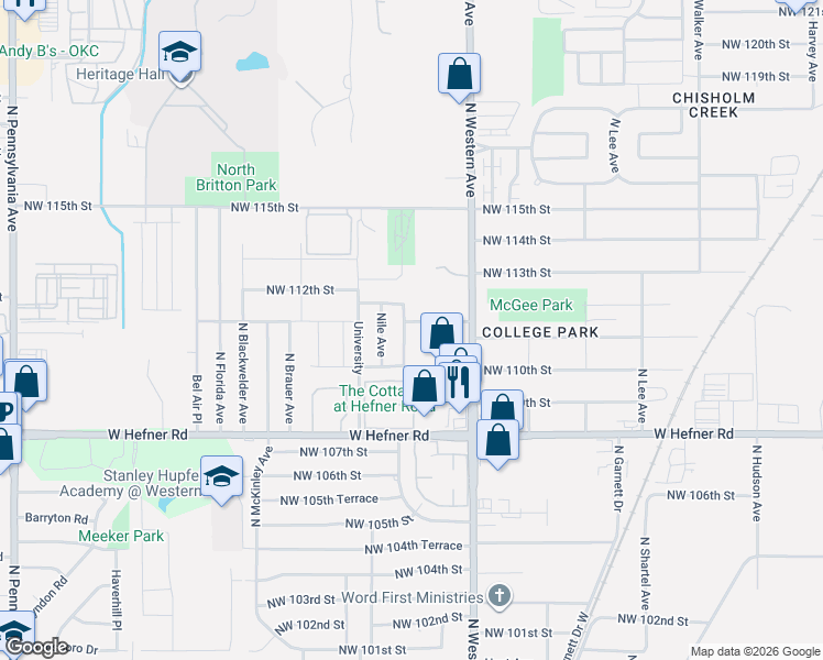 map of restaurants, bars, coffee shops, grocery stores, and more near 11210 Nile Avenue in Oklahoma City