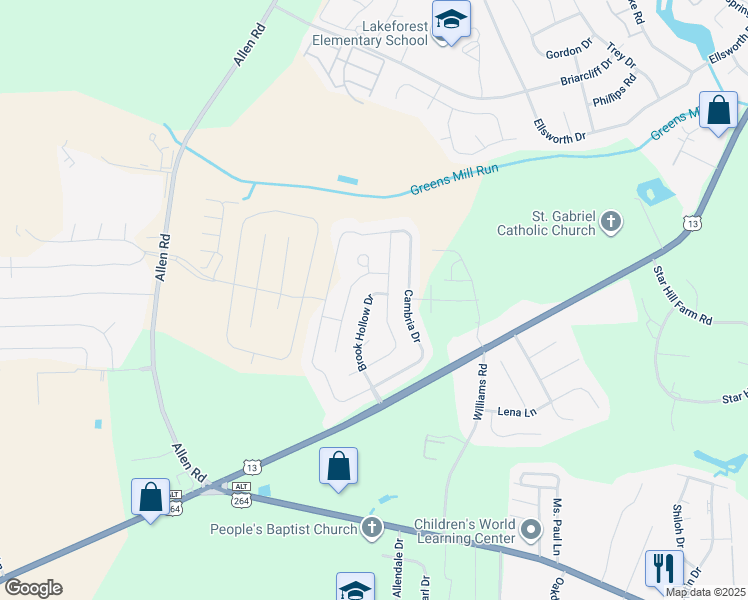 map of restaurants, bars, coffee shops, grocery stores, and more near 1613 Brook Hollow Drive in Greenville