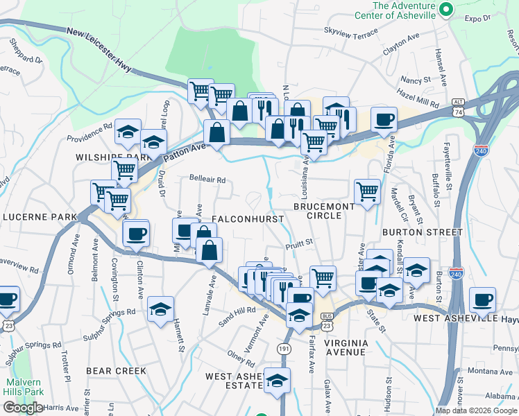 map of restaurants, bars, coffee shops, grocery stores, and more near 65 Tanglewood Drive in Asheville