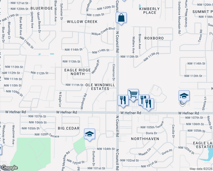 map of restaurants, bars, coffee shops, grocery stores, and more near 8012 Northwest 111th Street in Oklahoma City