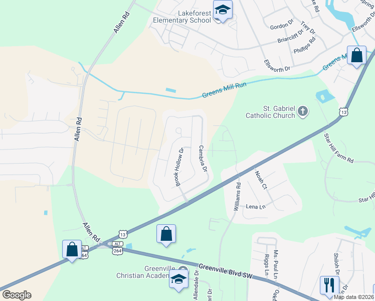map of restaurants, bars, coffee shops, grocery stores, and more near 2308 Dovedale Drive in Greenville