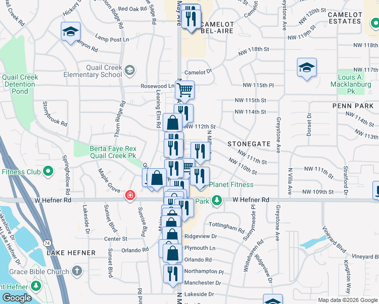 map of restaurants, bars, coffee shops, grocery stores, and more near 10958 North May Avenue in Oklahoma City