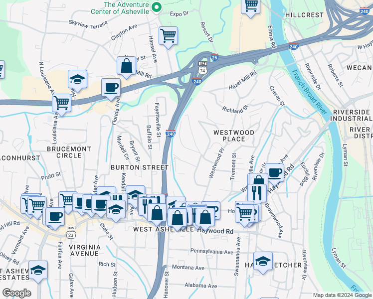 map of restaurants, bars, coffee shops, grocery stores, and more near 39 Wilmington Street in Asheville