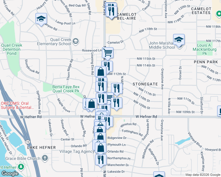map of restaurants, bars, coffee shops, grocery stores, and more near 10958 North May Avenue in Oklahoma City