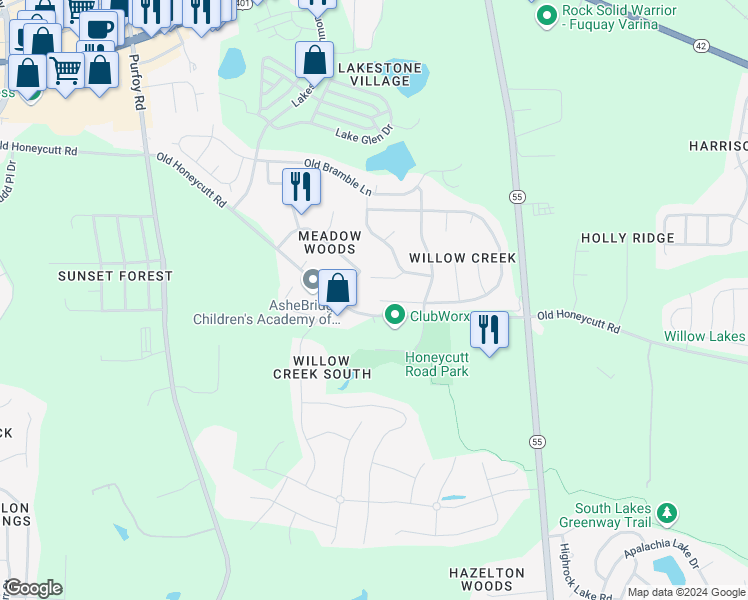 map of restaurants, bars, coffee shops, grocery stores, and more near 1720 East Ridge Heights Drive in Fuquay Varina
