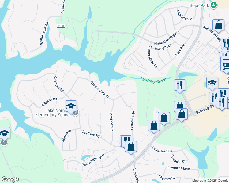 map of restaurants, bars, coffee shops, grocery stores, and more near 223 Castles Gate Drive in Mooresville