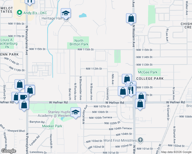 map of restaurants, bars, coffee shops, grocery stores, and more near 1214 Howard Drive in Oklahoma City