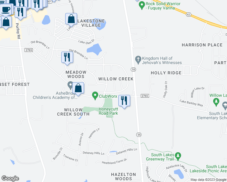 map of restaurants, bars, coffee shops, grocery stores, and more near 117 North Honey Springs Avenue in Fuquay Varina